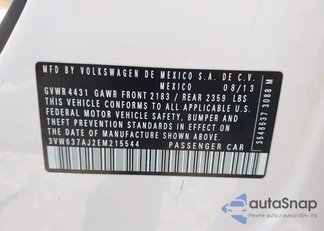 2014 Volkswagen Jetta Hybrid Se from USA, damaged, VIN 3VW637AJ2EM215544